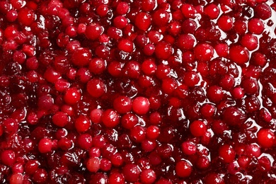 Photo of Fresh juicy cranberry sauce as background, closeup
