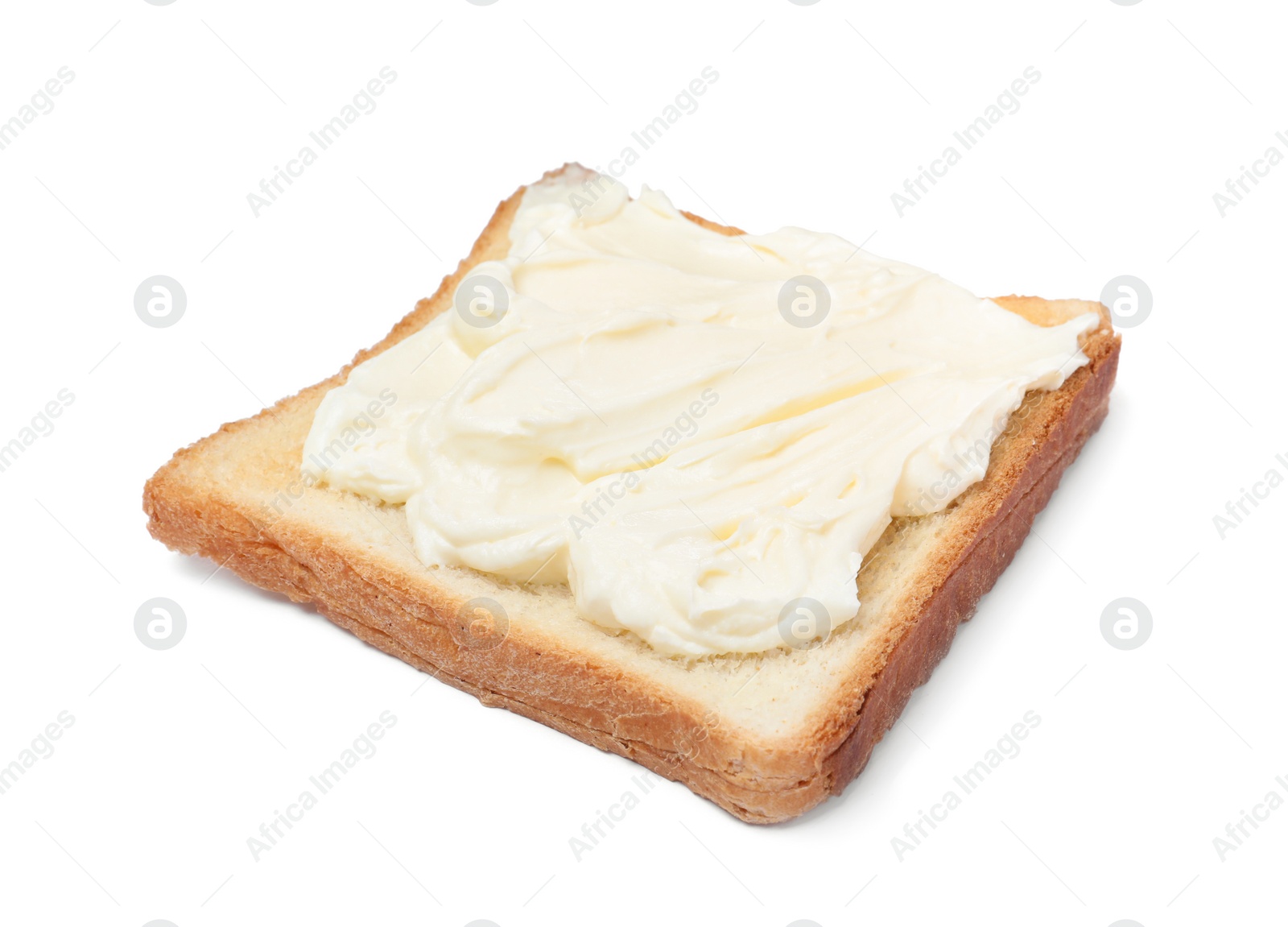 Photo of Slice of bread with tasty cream cheese isolated on white