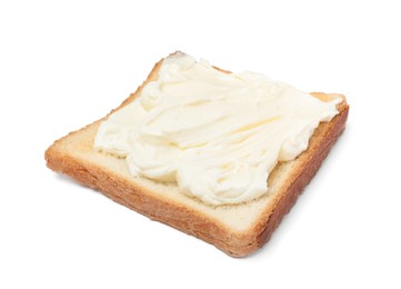 Photo of Slice of bread with tasty cream cheese isolated on white