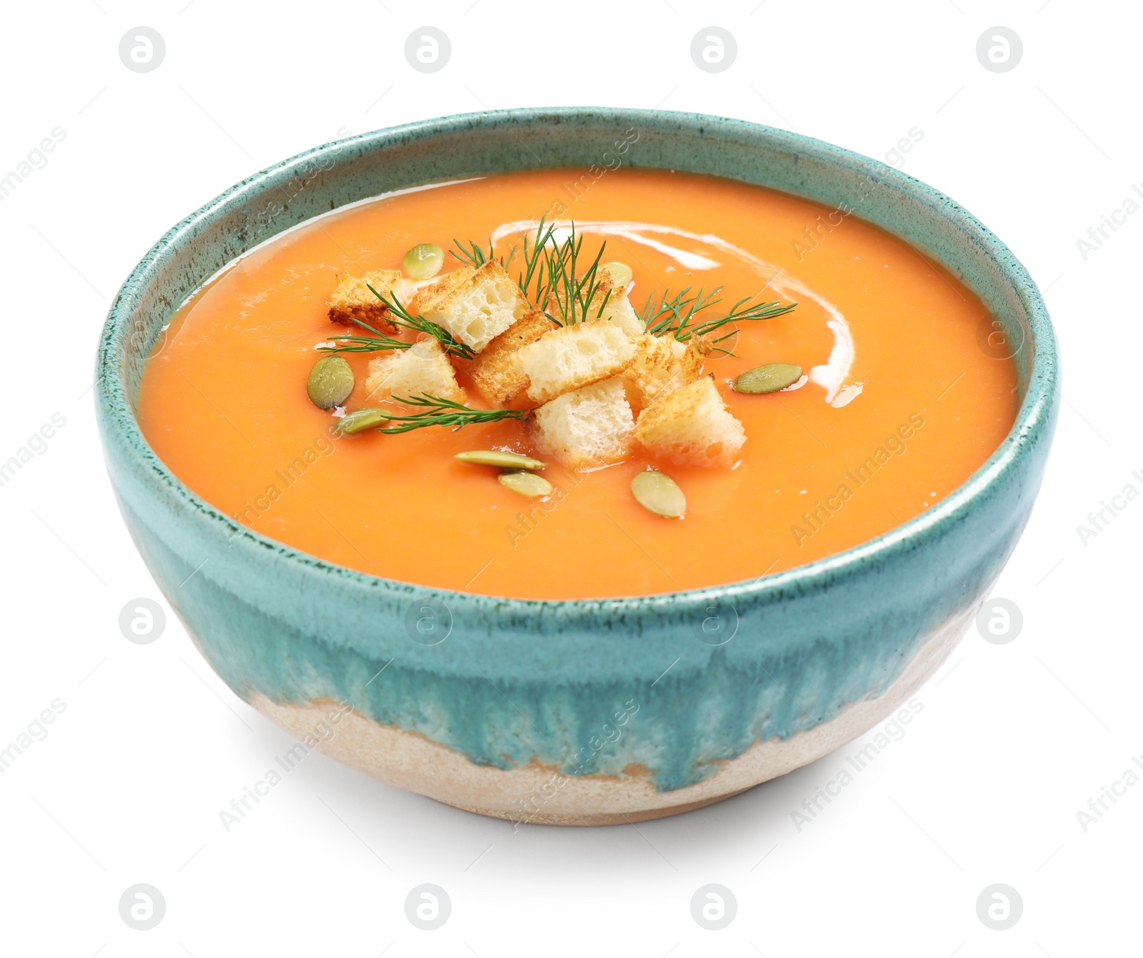 Photo of Delicious pumpkin soup in bowl isolated on white