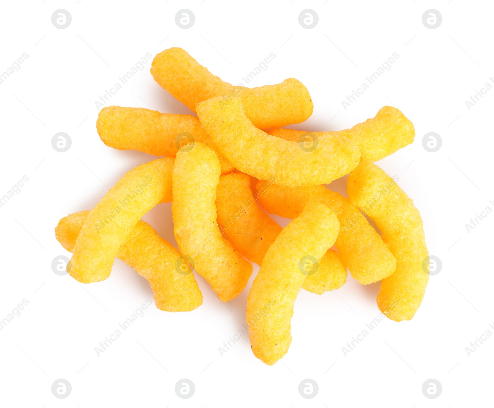 Photo of Many tasty cheesy corn puffs isolated on white, top view