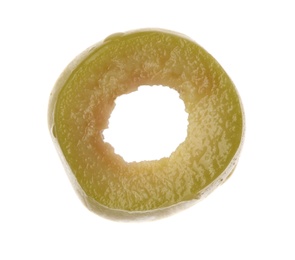 Slice of green olive on white background