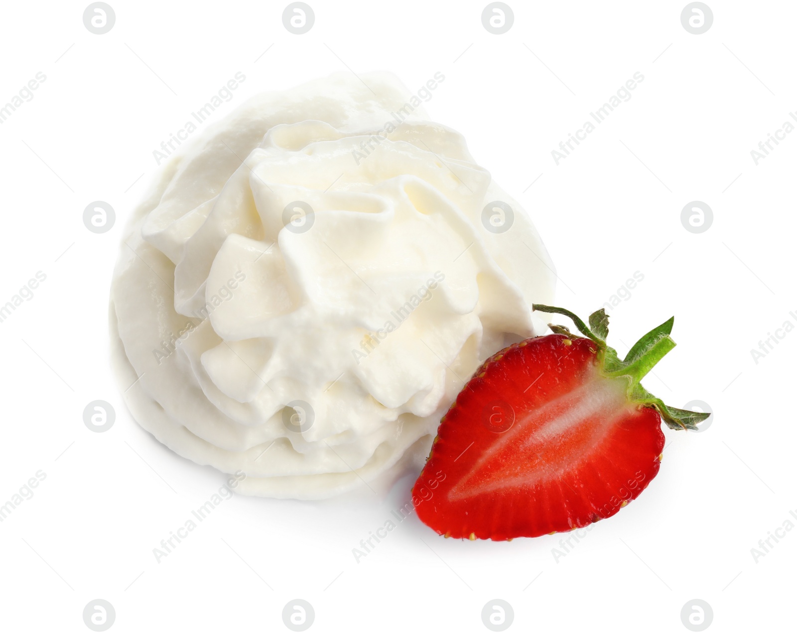 Photo of Sliced strawberry with whipped cream on white background, top view