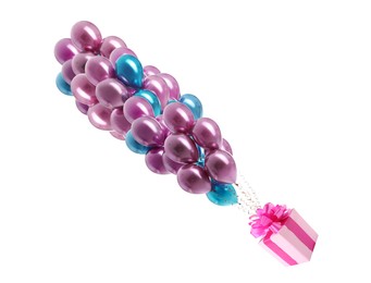 Image of Many balloons tied to pink gift box on white background