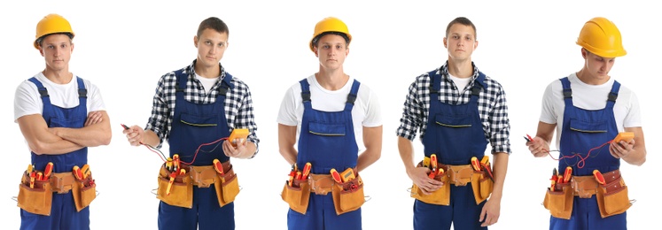 Collage with photos of electrician on white background, banner design 