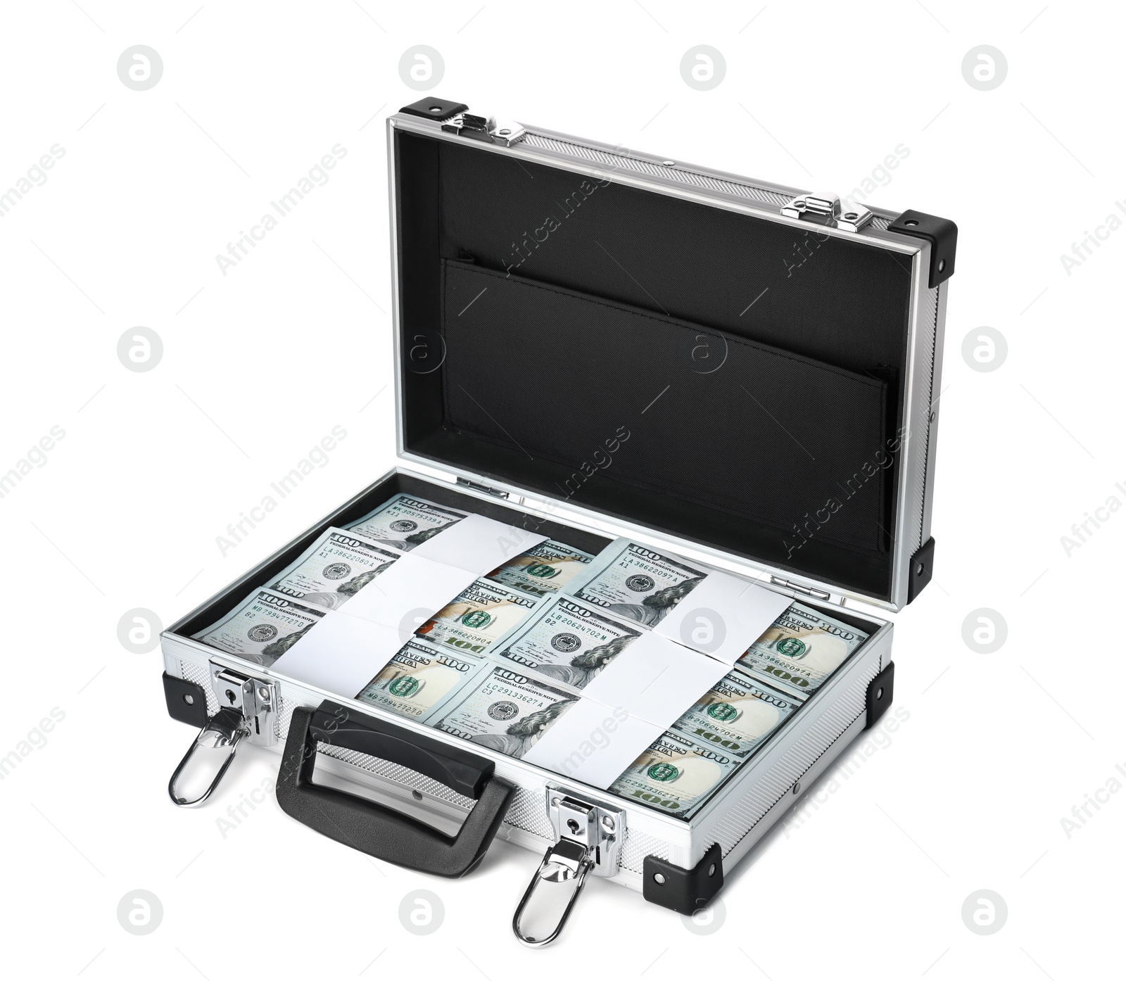 Photo of Open suitcase full of money on white background