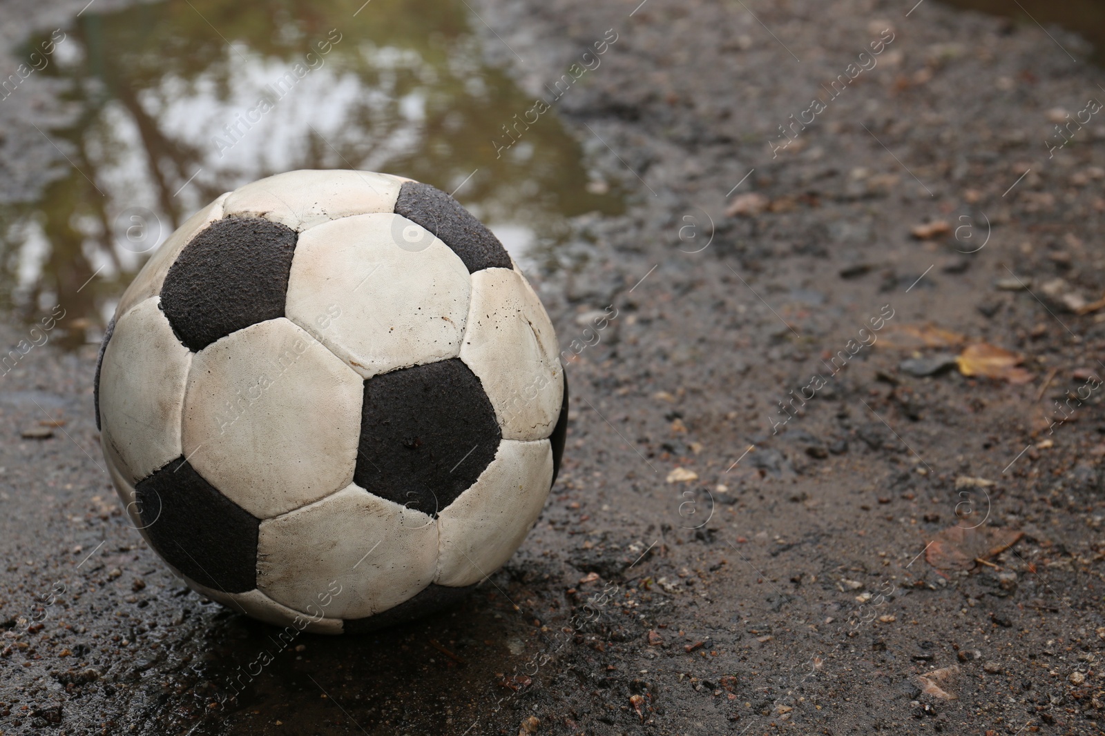 Photo of Dirty soccer ball near puddle on ground, space for text