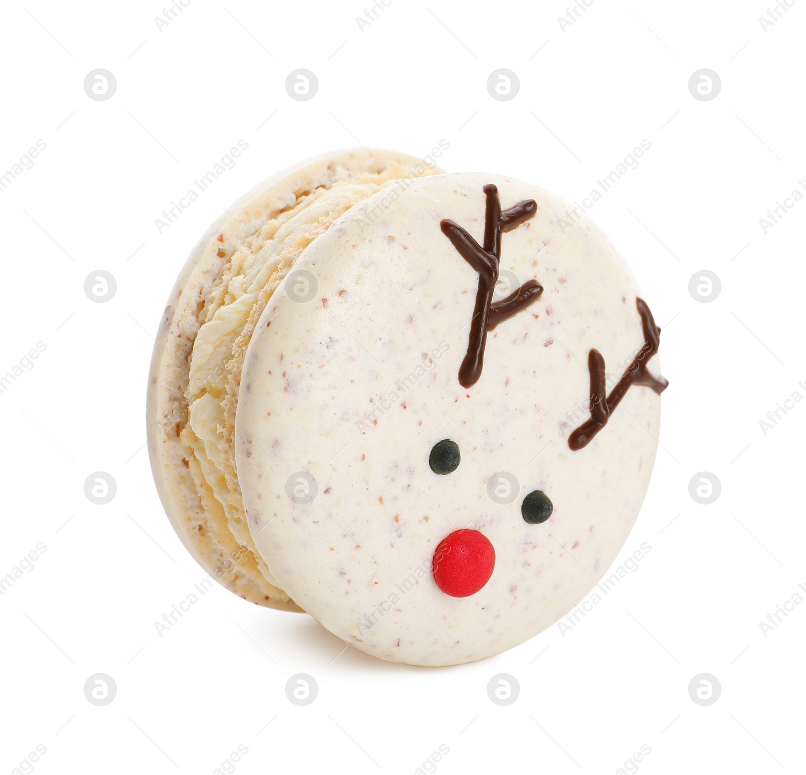 Photo of Delicious Christmas reindeer macaron isolated on white