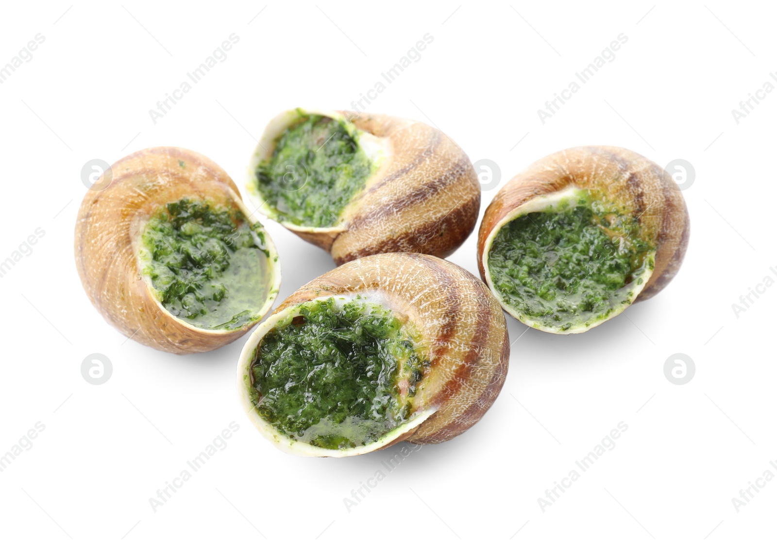 Photo of Many delicious cooked snails isolated on white