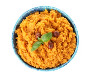 Photo of Bowl with mashed sweet potatoes on white background, top view