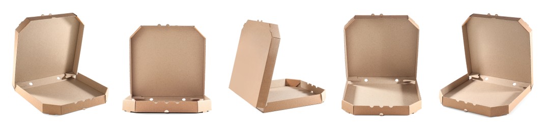 Image of Set with cardboard pizza boxes on white background. Banner design