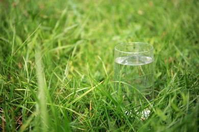 Glass of fresh water on green grass outdoors, space for text