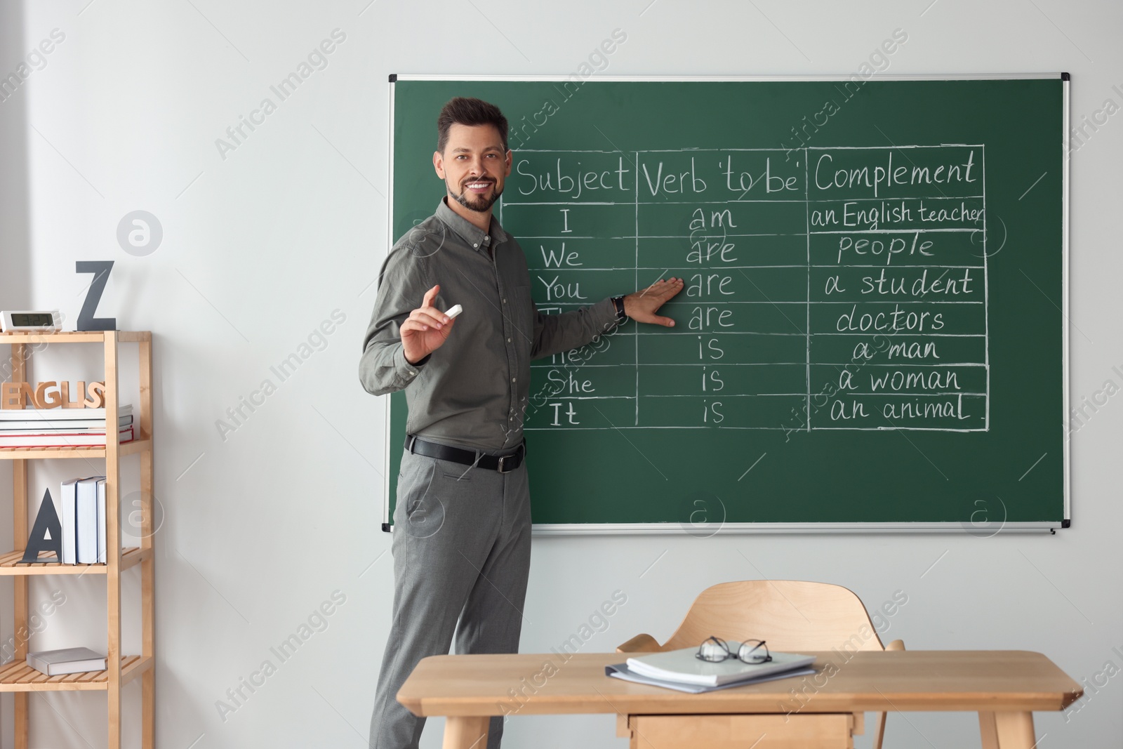 Photo of Happy teacher explaining English at blackboard in classroom