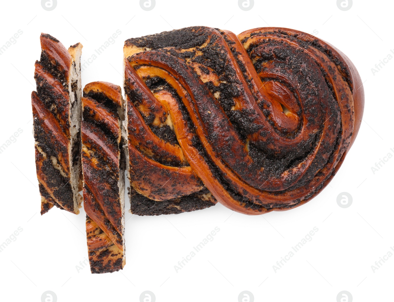 Photo of Cut poppy seed roll isolated on white, top view. Tasty cake