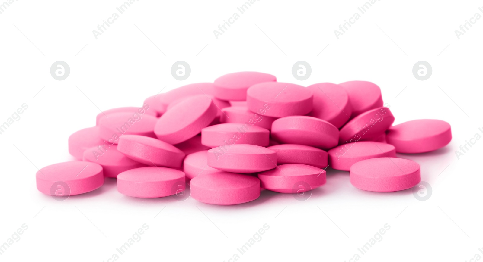 Photo of Pile of pills on white background. Medical treatment