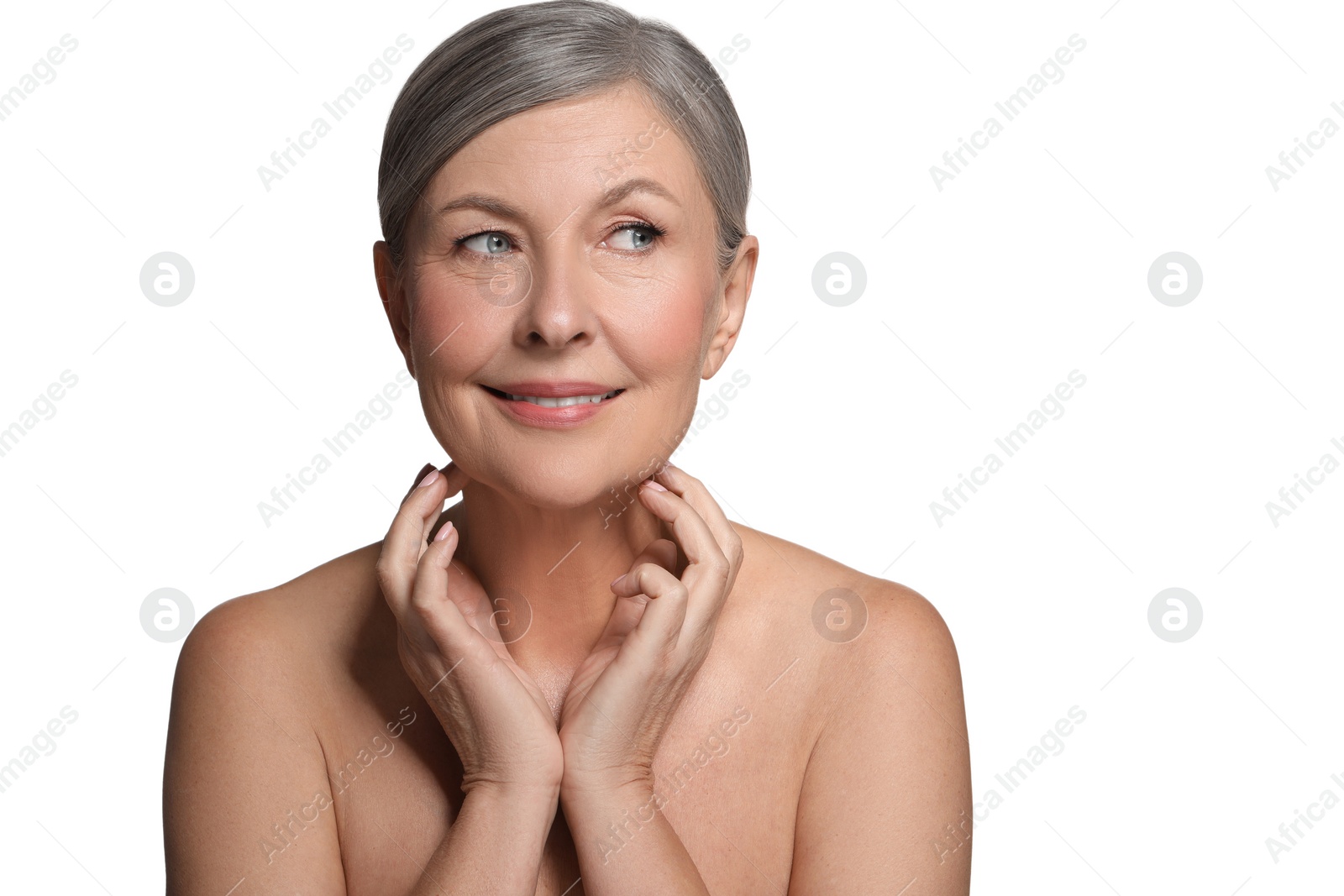 Photo of Beautiful mature woman with healthy skin on white background