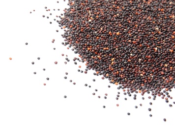 Photo of Pile of black quinoa and space for text on white background, top view