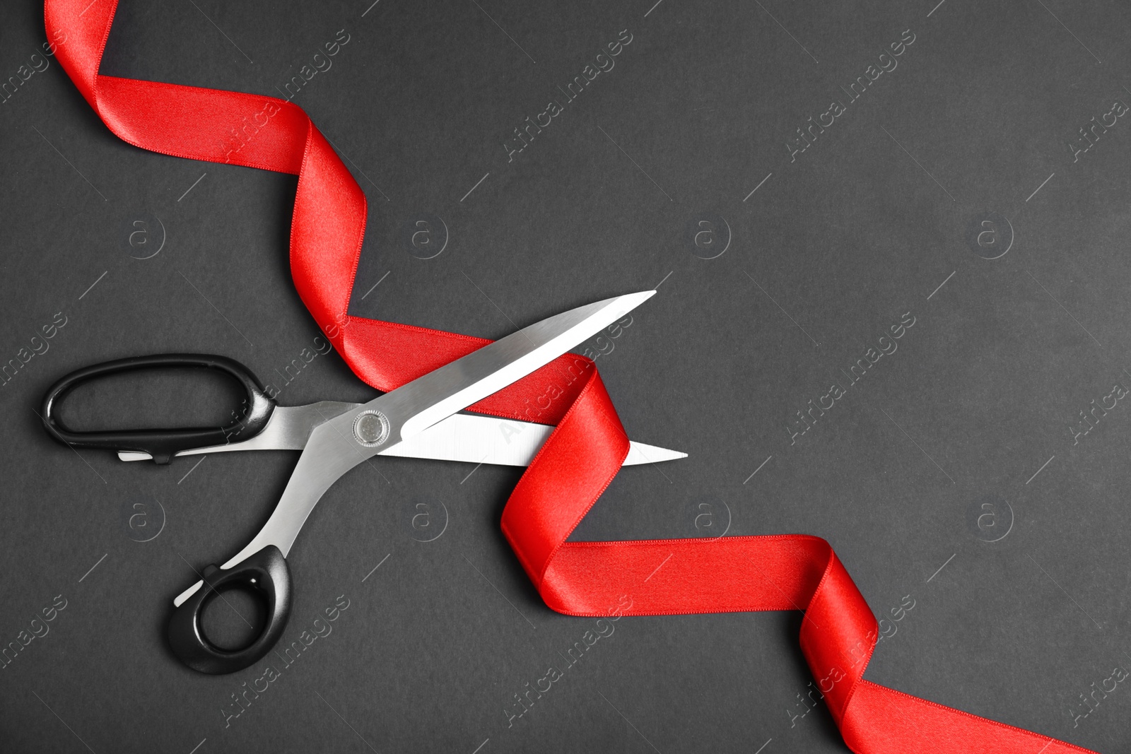 Photo of Stylish scissors and red ribbon on black background, flat lay with space for text. Ceremonial tape cutting