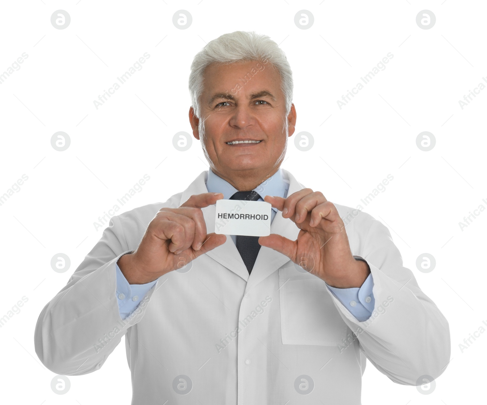 Photo of Doctor holding business card with word HEMORRHOID on white background