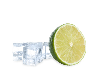 Photo of Ice cubes and lime on white background