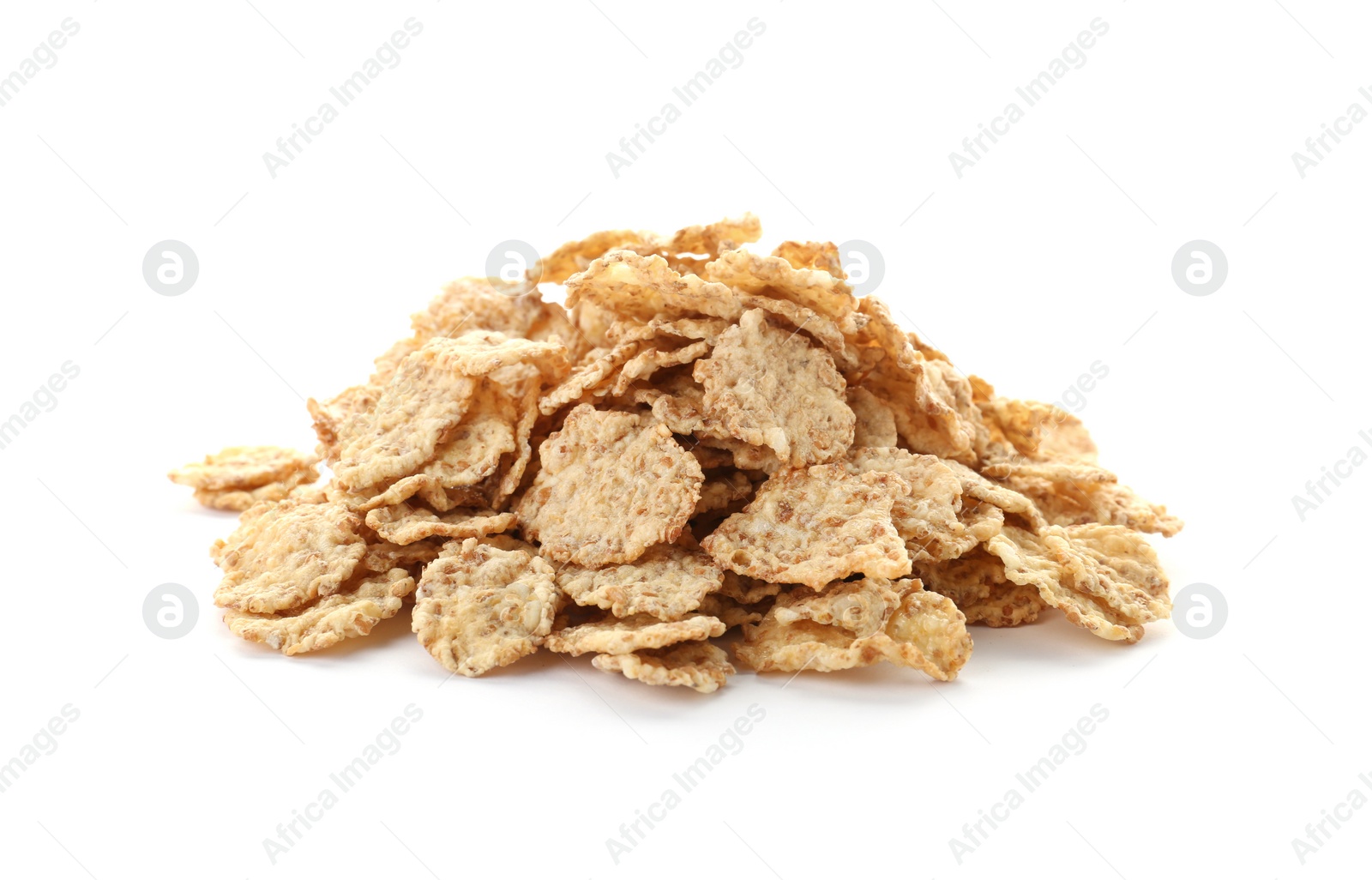 Photo of Wheat flakes on white background. Healthy grains and cereals