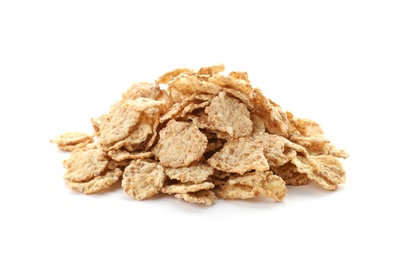 Photo of Wheat flakes on white background. Healthy grains and cereals