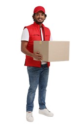 Photo of Happy courier with parcel on white background