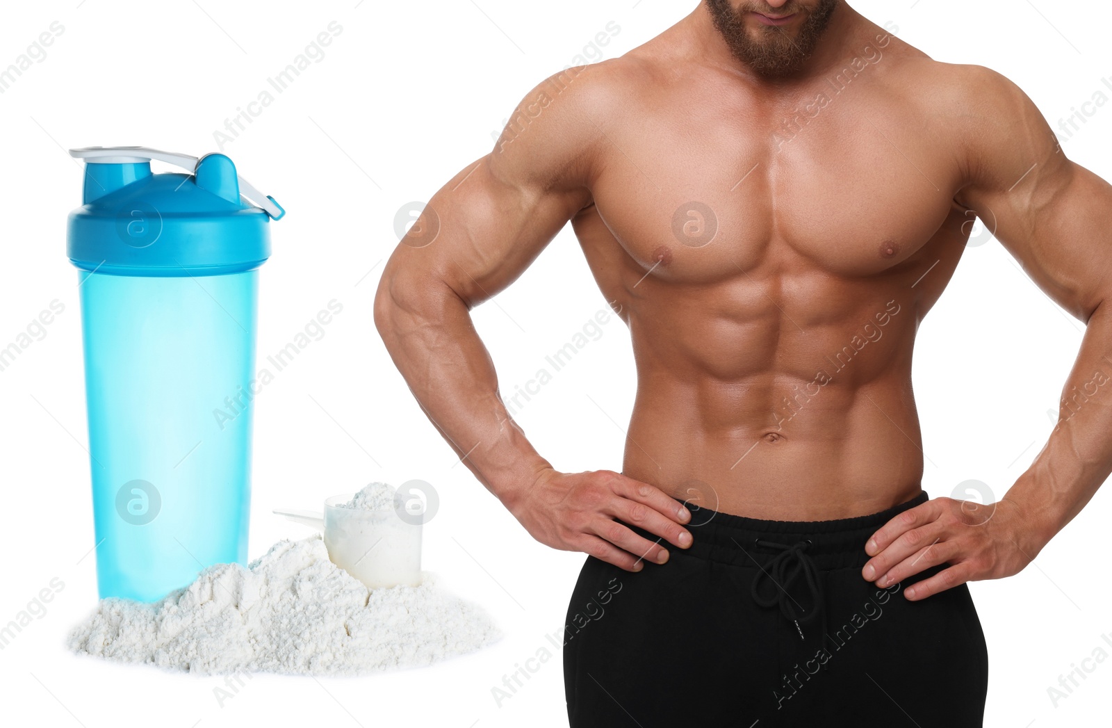 Image of Bodybuilding. Man with muscular torso, protein powder and shaker isolated on white