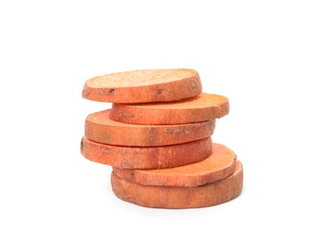 Photo of Cut fresh sweet potato isolated on white