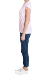 Young slim woman on white background, closeup. Weight loss