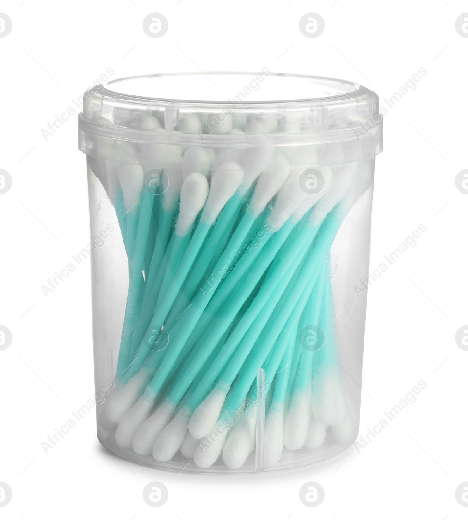 Photo of Plastic container with cotton swabs on white background