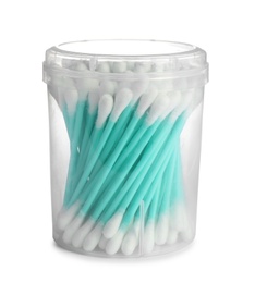 Plastic container with cotton swabs on white background