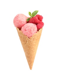 Photo of Delicious pink ice cream with raspberries and mint in waffle cone on white background