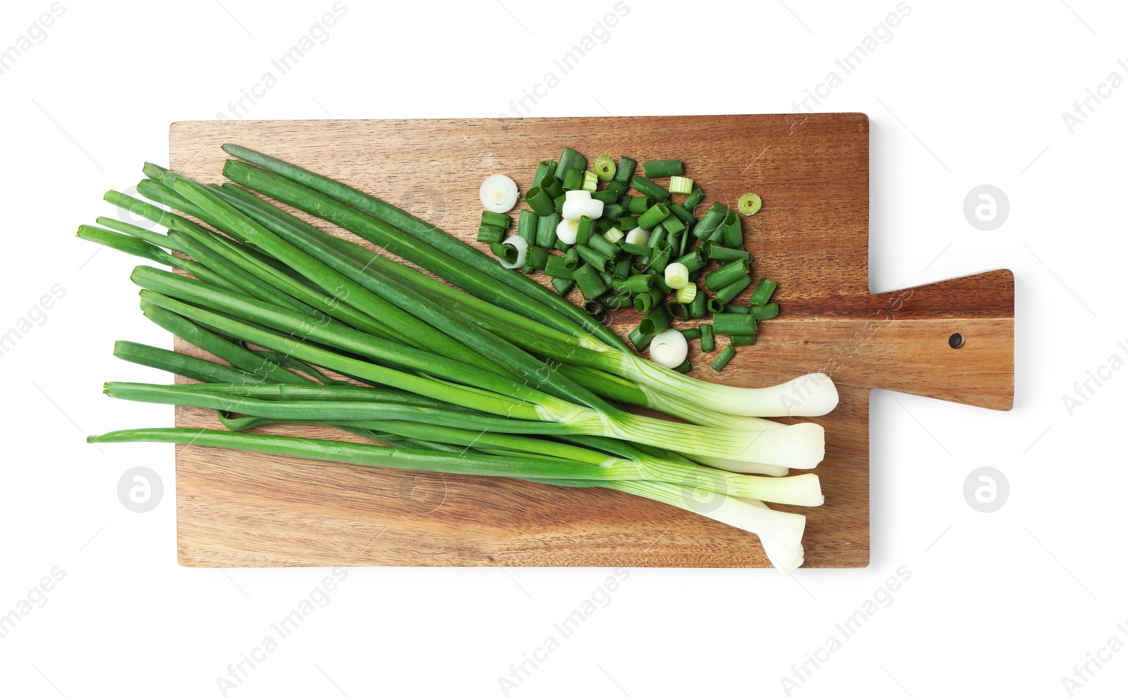 Photo of Fresh green spring onions isolated on white, top view