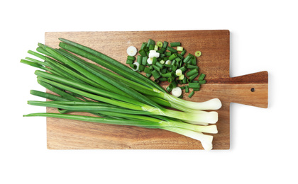 Fresh green spring onions isolated on white, top view