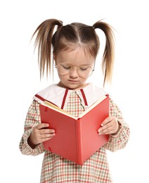 Cute little girl reading book on white background