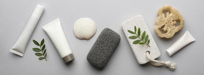 Image of Flat lay composition with spa products on light grey background. Banner design