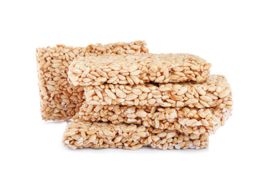 Photo of Delicious rice crispy treats on white background