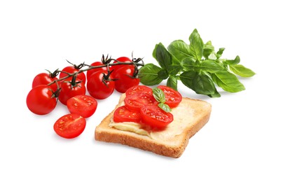 Photo of Delicious toast with butter, tomatoes and basil isolated on white