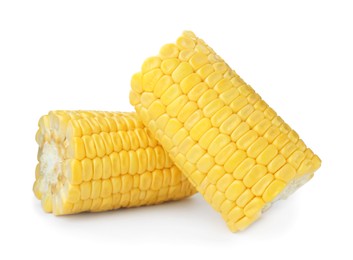 Pieces of fresh corncob on white background