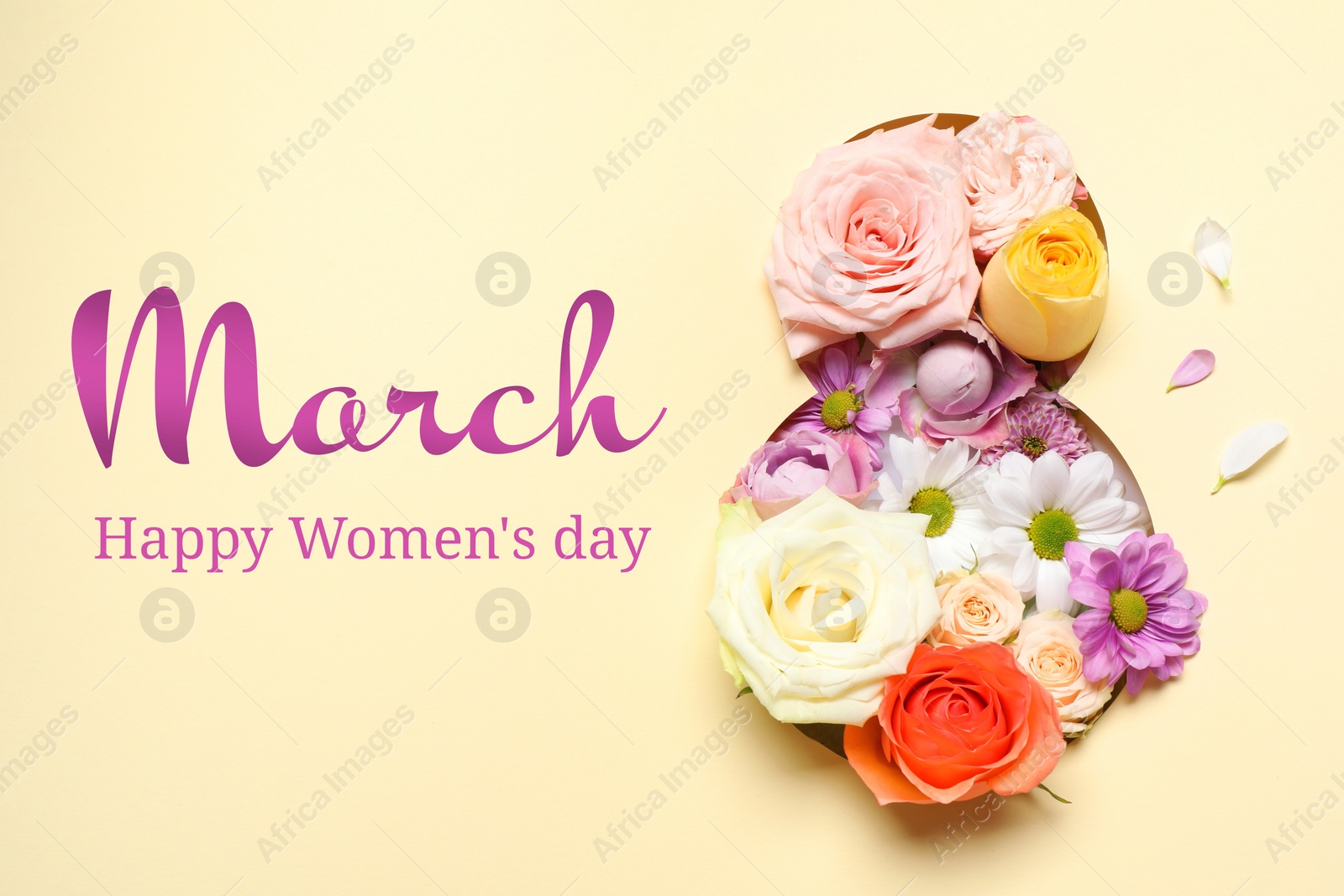 Image of 8 March - Happy International Women's Day. Greeting card design with different flowers, top view