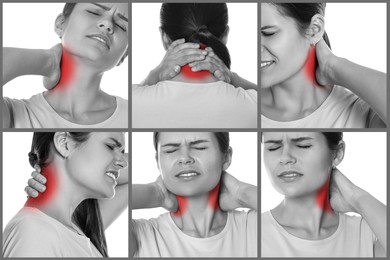 Woman suffering from rheumatism, black and white effect with red accent. Collage of photos