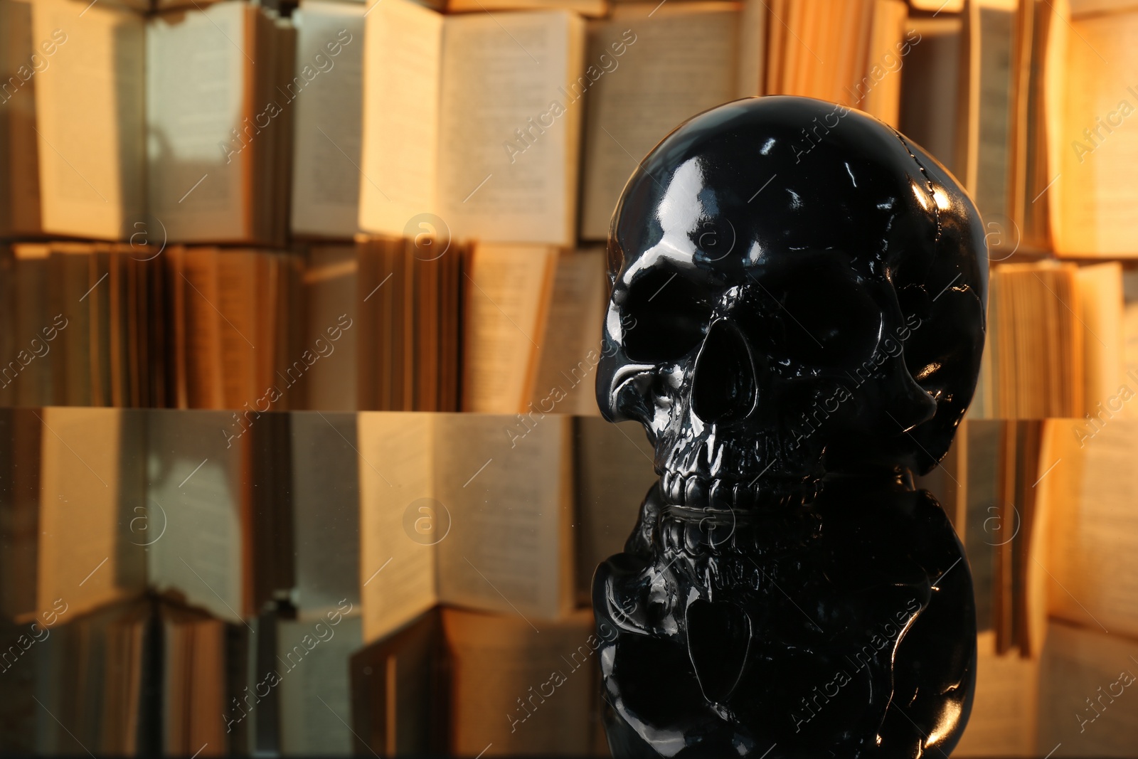 Photo of Black human skull on mirror table near books. Space for text