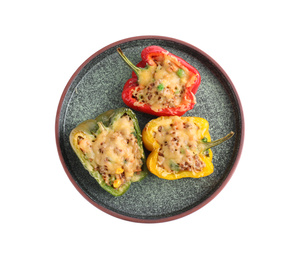 Photo of Tasty stuffed bell peppers isolated on white, top view