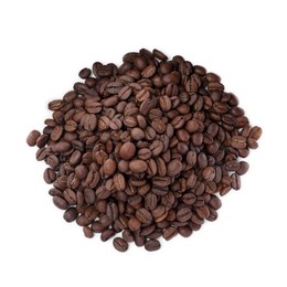 Pile of roasted coffee beans on white background, top view