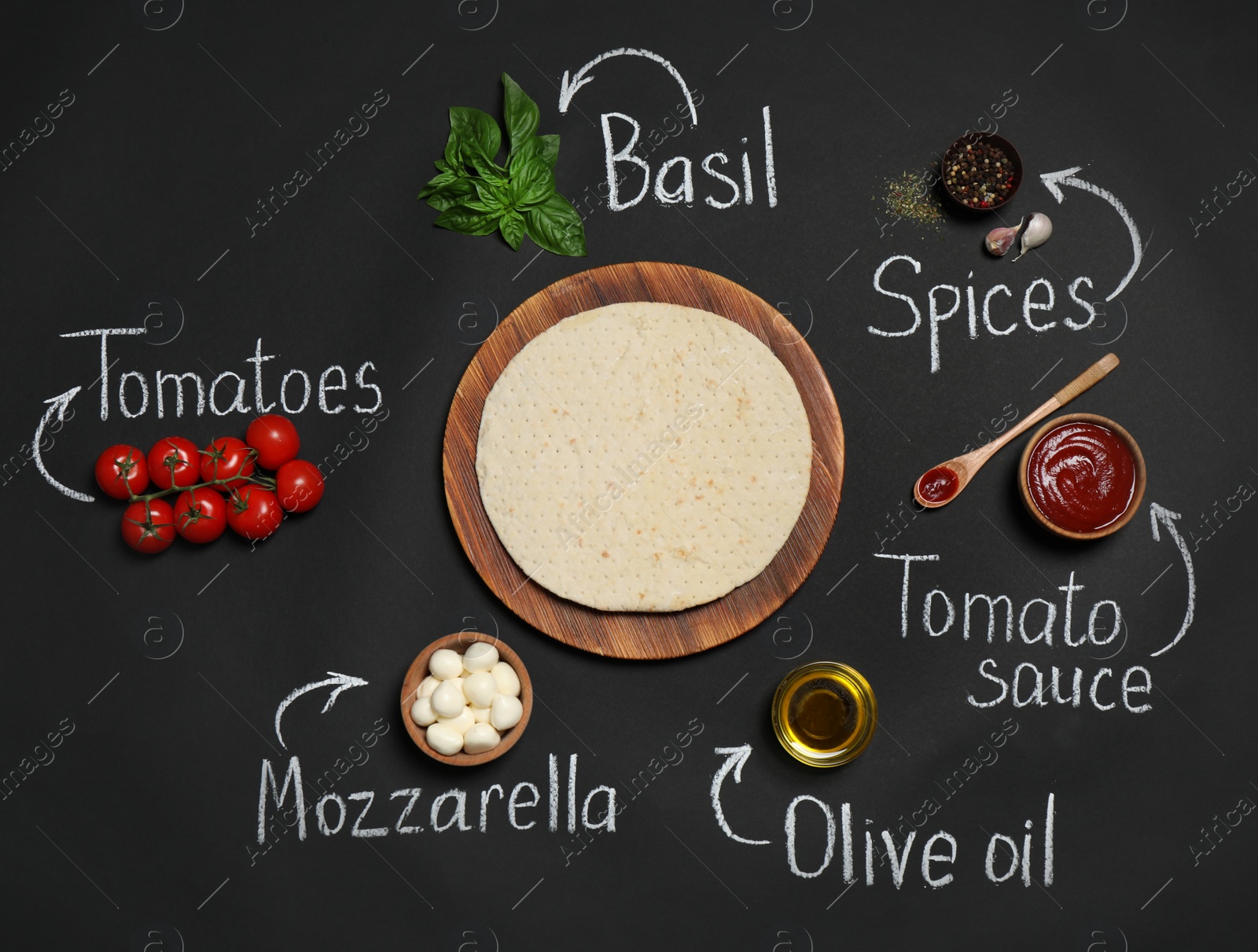 Photo of Pizza crust, ingredients and chalk written product's names on black background, flat lay