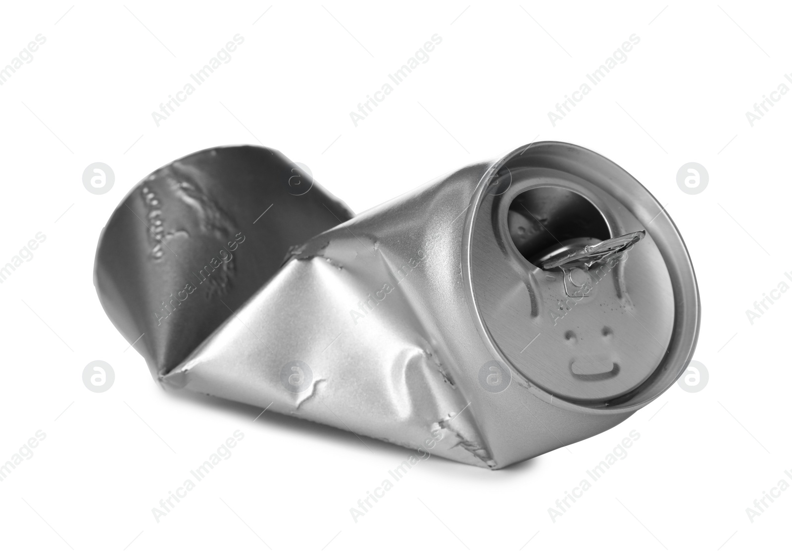 Photo of Empty crumpled aluminum can on white background