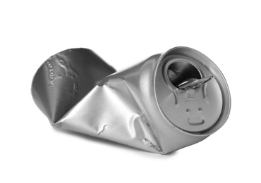 Photo of Empty crumpled aluminum can on white background