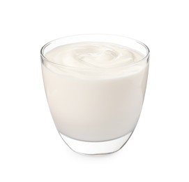 Photo of Glass with delicious organic yogurt isolated on white