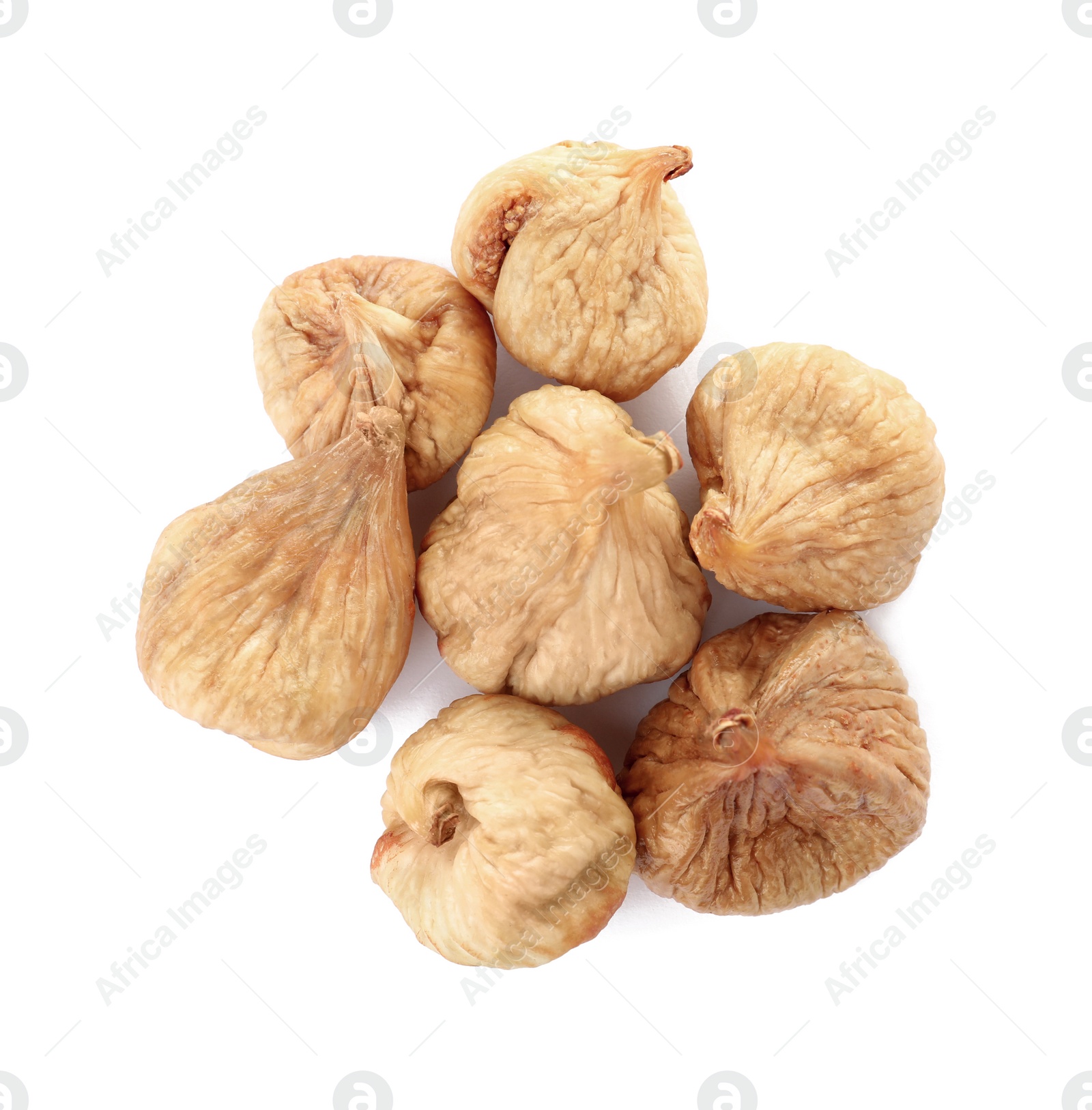 Photo of Tasty figs on white background, top view. Dried fruit as healthy food